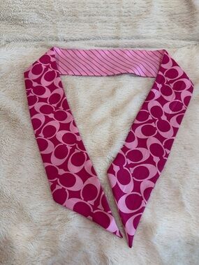 Coach Pink Two-Tone Logo Stripe Silk Scarf Tie